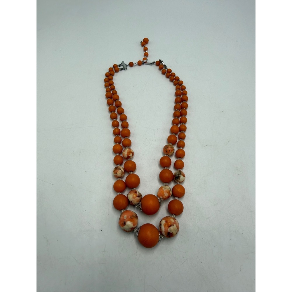 Vintage Orange Double Strand Beaded Necklace Marbled Resin Statement Graduated